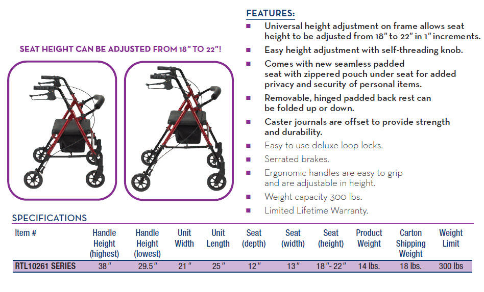 Universal Seat Height Aluminum Rollator Rollators